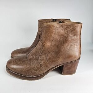 Roots Ankle Booties Women 8 38 Brown Tan Side Zip Boho Block Heel Pebbled Italy